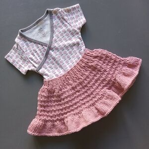 Hand Crafted Handknit Dusty Rose Textured Baby Skirt & Floral Onesie Set 0-3M